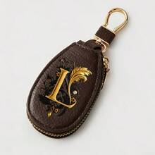 Litchi Pattern Key Bag -Black Gold Letters A-Z Car Key Protection Cover,PU Key Storage Clip,Zipper Bag,Car Key Storage Device,Car Keychain,Unisex Gift - Multicolor - View 27