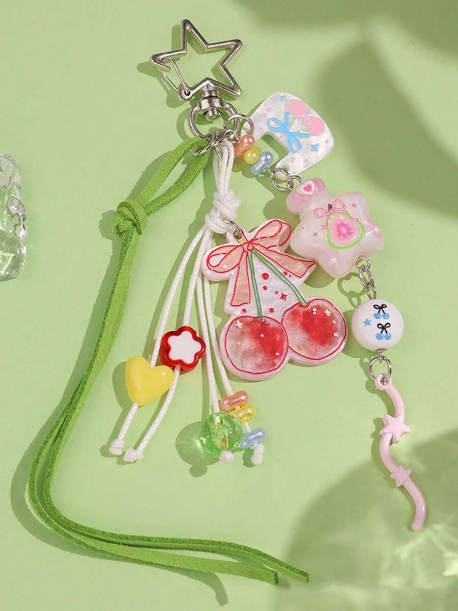Harajuku Creative Y2K Pink Cherry Bow Heart Star Beaded Keychain Car Key Fob Pendant Decoration Gift For Family Classmates And Friends - Multicolor - View 1