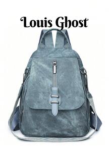 1pc Vintage Large Capacity Dual Zipper Classic Backpack For Women, PU Material, With Cute Pendant, Suitable For Work Commute, Shopping, Travel, Available In Red, Burgundy, Black Or Navy, Back-To-School & Travel Essential, Great Mother's Day Gift - Blue - View 1