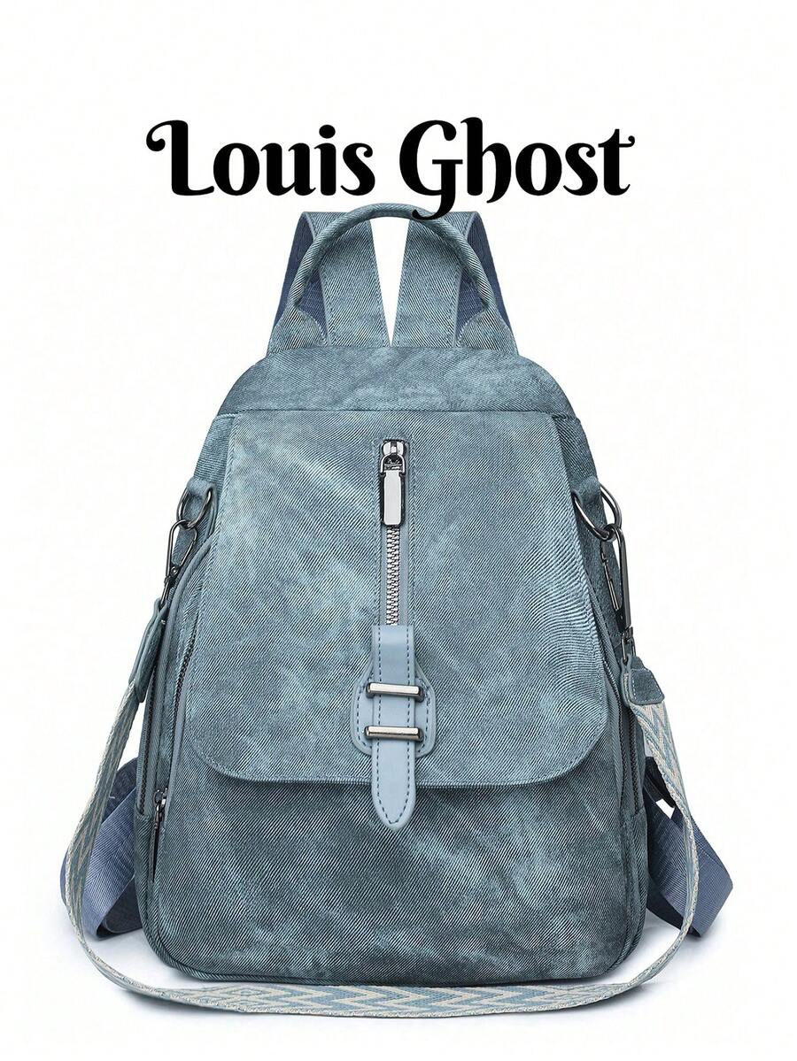 1pc Vintage Large Capacity Dual Zipper Classic Backpack For Women, PU Material, With Cute Pendant, Suitable For Work Commute, Shopping, Travel, Available In Red, Burgundy, Black Or Navy, Back-To-School & Travel Essential, Great Mother's Day Gift - Blue - View 1