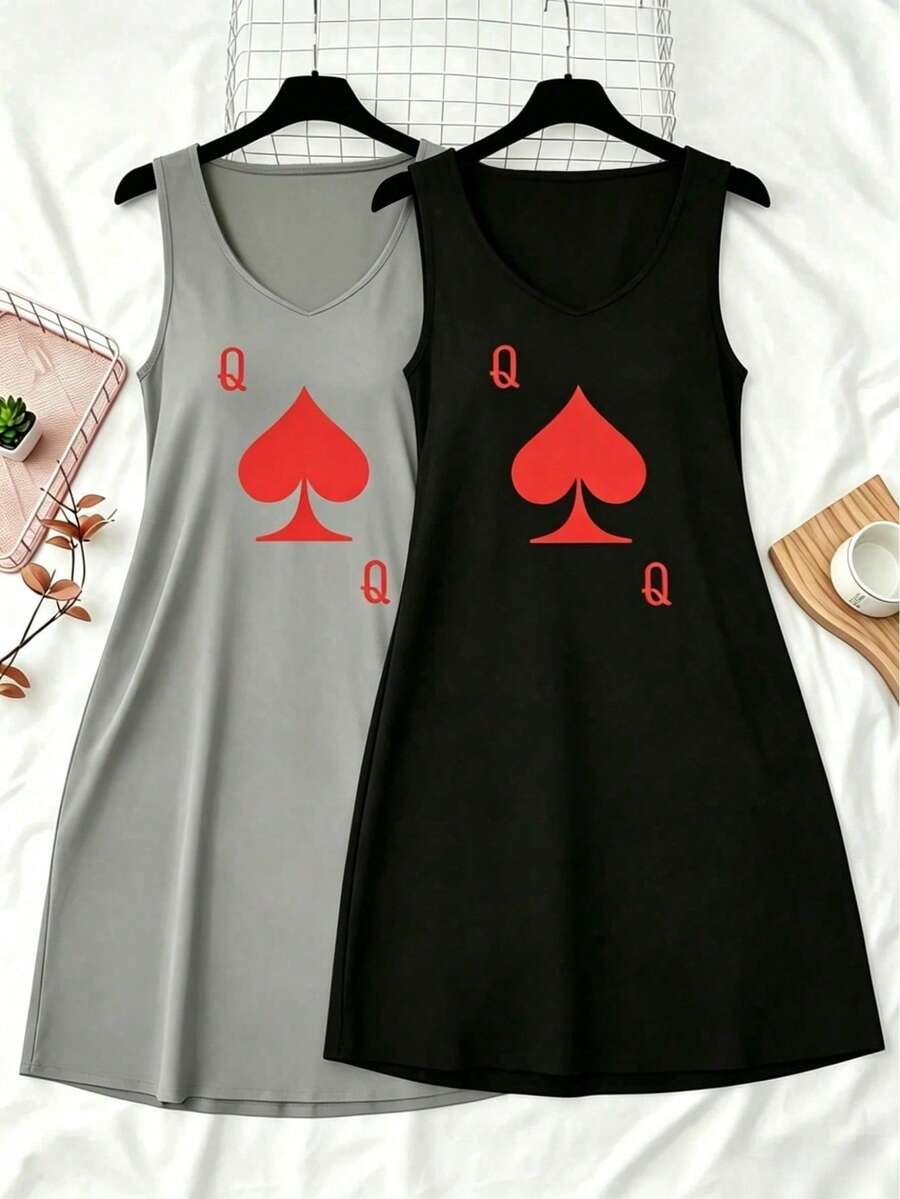 2pcs Women's Casual Loose Sleeveless Dress - Heart Pattern, Suitable For Daily Wear - Multicolor - View 1