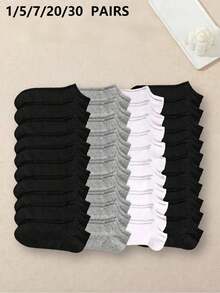 1/5/7/20/30 Pairs Unisex Pure Cotton Spring/Autumn Solid Color Minimalist Versatile Plus Size Fashion Short Socks - Black - View 6