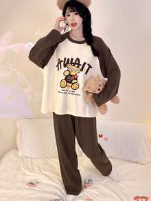 2pcs/Set Women's Pajamas Loungewear, Cute Bear Print Fashion Pullover Round Neck Long Sleeve Cropped Pants Set, Easy Care Fabric - Brown - View 5