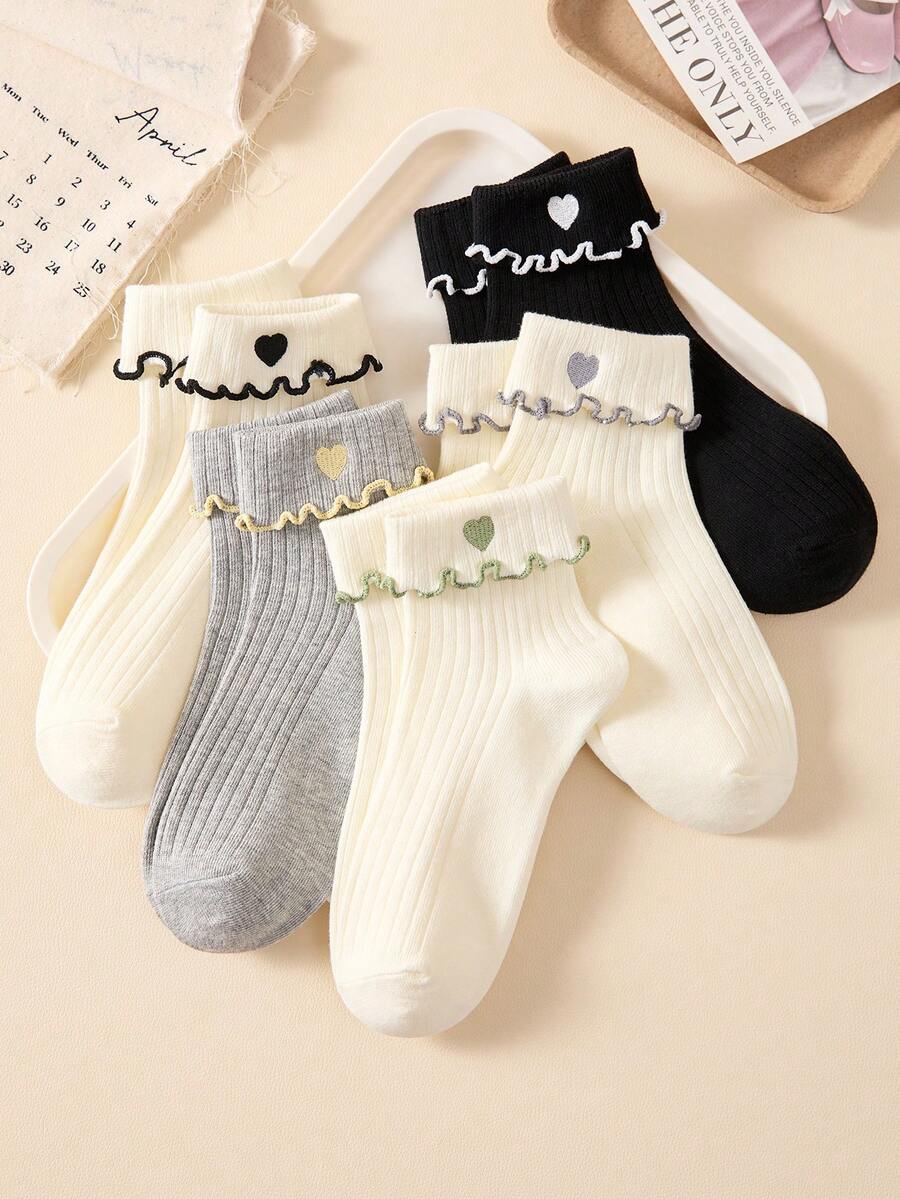 5 pares de calcetines cortos/calcetines de tobillo para mujer con lindo patrón de corazón bordado, suaves y transpirables con ribete de volantes, adecuados para todas las estaciones, colores aleatorios - Multicolor - Ver 1