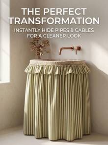 1/2pcs Green Striped Farmhouse Ruffle Sink Skirt Decor Cabinet Curtain Bathroom Kitchen Sink Skirt Brown Striped Pleated Short Curtain Home Classroom Country Style Table Privacy Curtain Laundry Room - Green - View 10
