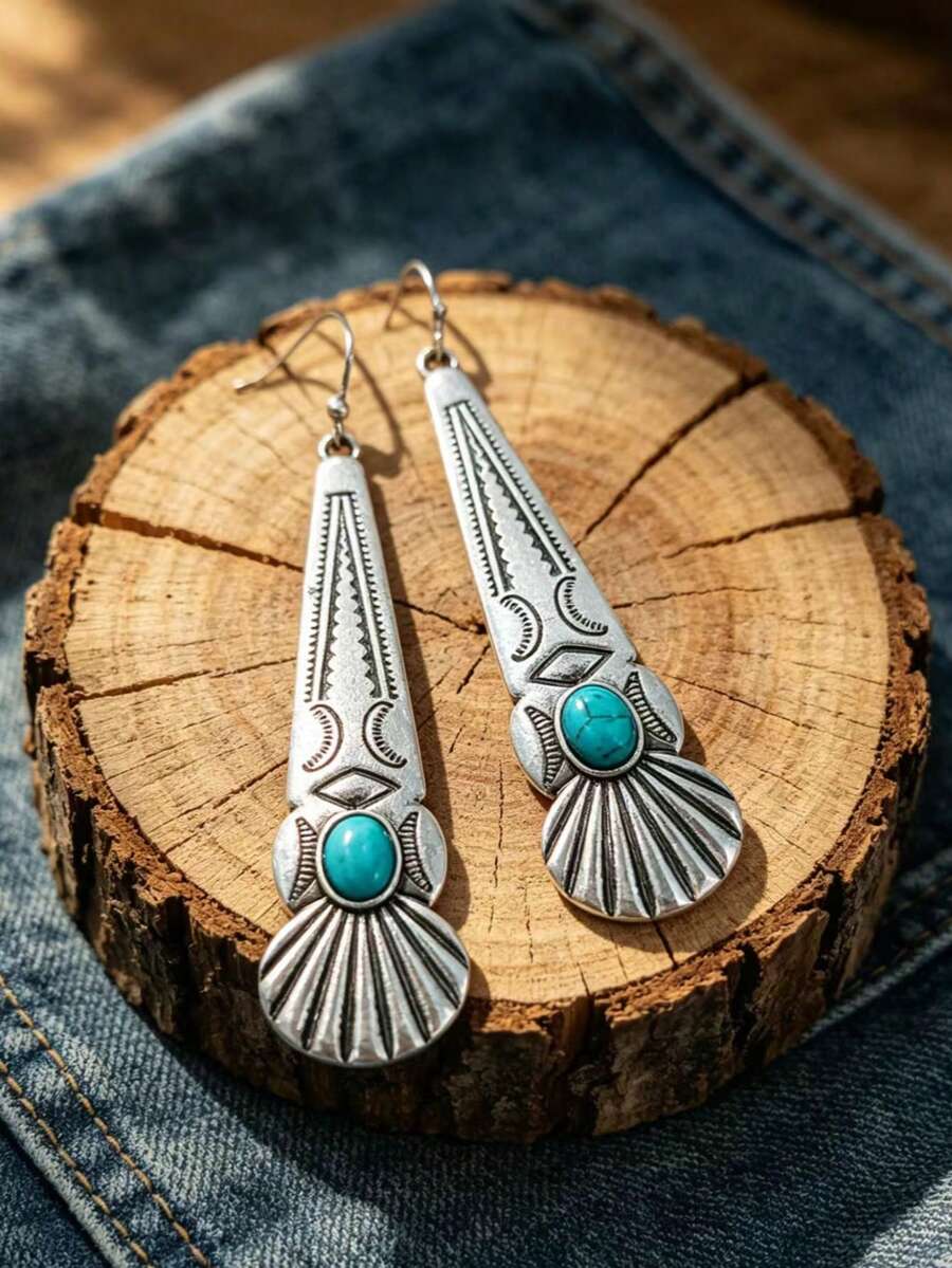 1 Pair Of Bohemian-Style Vintage Carved Stone Teardrop Earrings, Suitable For Women's Daily And Holiday Wear - Earrings - View 1