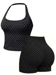 Women's Summer/Autumn Basic Polka Dot Spaghetti Strap 2-Piece Set Loungewear, Slim Fit Camisole Top + Cropped Leggings, Streetwear Elegant - Black and White - View 3
