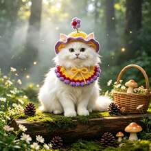 Handmade Woven Pet Hat & Bib Set, Adjustable Tie, Sun Hat + Drool Bib, Cat Photo Prop, Daily Styling Accessory For Small And Medium Dogs And Cats - Multicolor - View 9