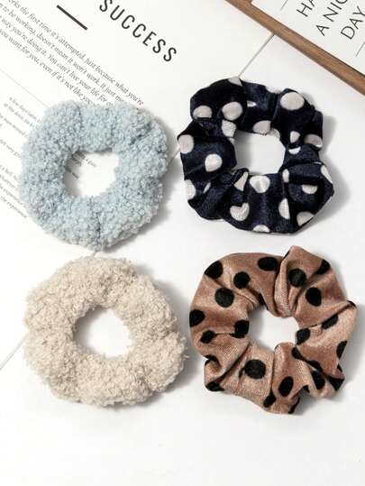4 buah Ikat Rambut Elastis Polkadot Lembut, Ikat Rambut Mewah untuk Pemakaian Sehari-hari di Musim Gugur/Dingin