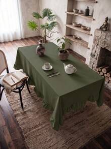 1pc Solid Color Vintage Style Ruffle Edge Dust-Proof Tablecloth, High-End Feel, Lightweight And Breathable, Suitable For Dining Room, Living Room, Bedroom - Army Green - View 3