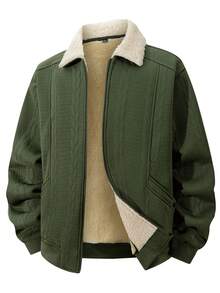 Sherpa-Fleece Autumn/Winter Lapel Jacquard Textured Zipper Front Fashion Versatile Jacket - Army Green - View 3