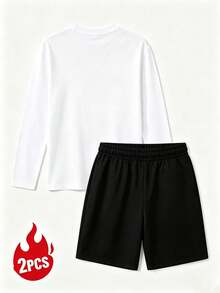 Men's Summer Crew Neck Casual Long Sleeve T-Shirt And Casual Shorts Loungewear Set - White - View 5