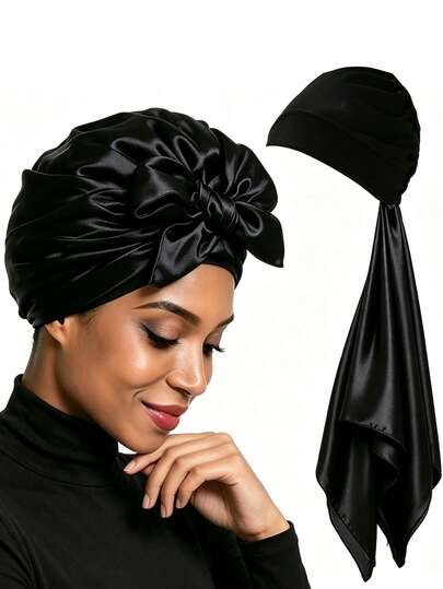 1 Set Women's Hooded Solid Color Satin Square Hijab Headscarf