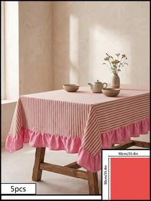 1pc White Base Red Striped Pink Ruffle Edge Tablecloth, Fresh Natural Style Fabric Rectangular Pink Ruffle Edge Patchwork Detail Decorative Functional Dining Tablecloth Suitable For Daily Home Dining And Fresh Home Decor Scenes - Red - View 12
