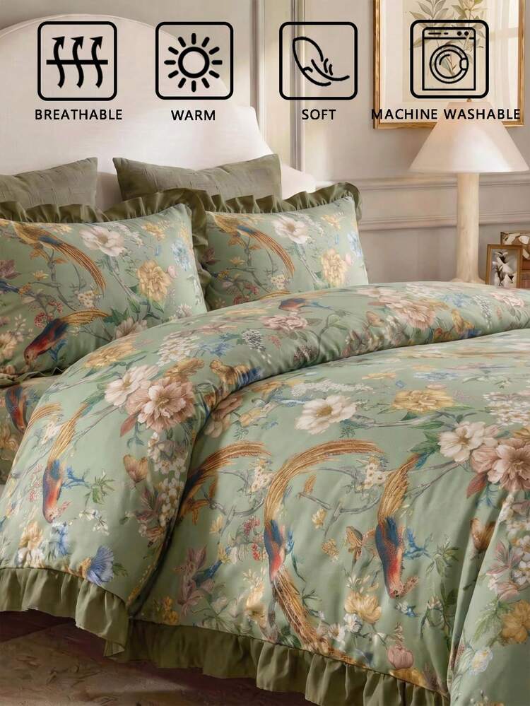 2pcs/3pcs Green Watercolor Leaf & Bird Pattern Ruffle Edge Pillowcase & Duvet Cover Set (1 Duvet Cover + 2 Pillowcases, No Inserts), Made Of Daily Polyester Fiber & Soft Synthetic Fiber, Comfortable Touch, Skin-Friendly - Multicolor - View 6