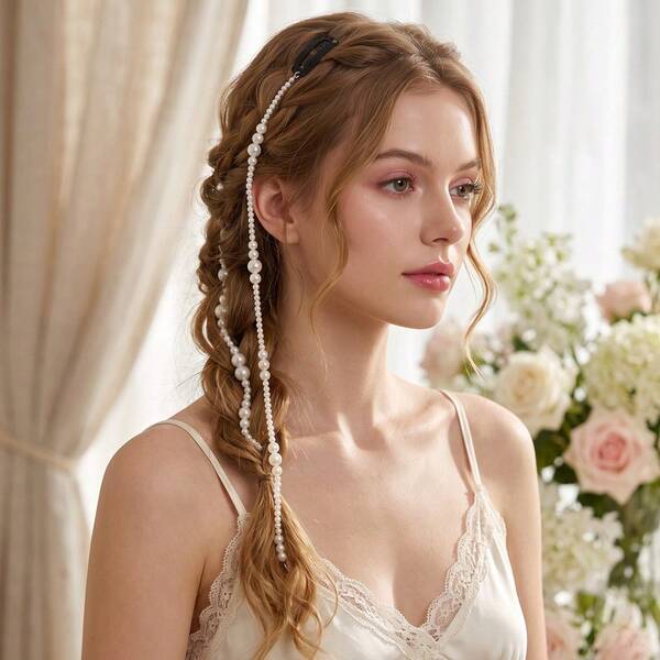 1pc Elegant White Faux Pearl Head Chain Hair Clip, Romantic Braided Hair Chain For Bride Bridesmaid Wedding Party Daily Hairstyle Gift