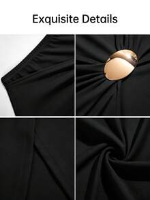 AIJ Elegant Black Long Slim Fit Slit Skirt, Wrap Front Design, Gold Button Accents, Elastic Fabric, Suitable For Daily, Commute, Outing, Party, Street, Holiday Occasions - Black - View 3