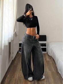 Women Y2K Split Long Denim Pants, High Waisted Loose Wide Leg Trousers, Streetwear Statement Bottoms - Light Blue - View 2