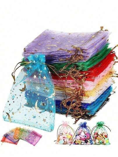 Gift For Her/Him, Random Color, 1pc Moon & Star Transparent Jewelry Mesh Bag, Multiple Colors, Fashion Wedding Party Candy Packaging Gift Bag, Christmas And Birthday Holiday Supplies, 2.76 * 3.54 Inches
