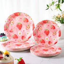 7/9 Inch Strawberry Series Printed Disposable Paper Plates, Floral Strawberry Disposable Party Plates, Party Decorations, Disposable Party Supplies, Birthday Party, Gift Party, Celebration Disposable Tableware - Watercolor Flower Strawberry - View 1