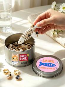 Novelty Sardine Can‑Shaped Metal Jewelry Storage Box, Cat Print, Fishbone Partition Snap Closure,Trinket Organizer, Container, Gifts Daily Decor - Multicolor - View 2