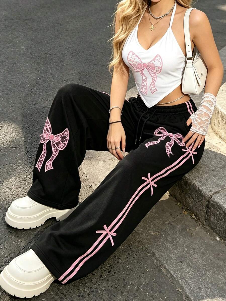 Sweet Gothic Style Lace Bow Print Wide Leg Pants, Elastic Waist Drawstring Design, Pink Side Stripe, Loose Streetwear Long Pants - Black - View 1