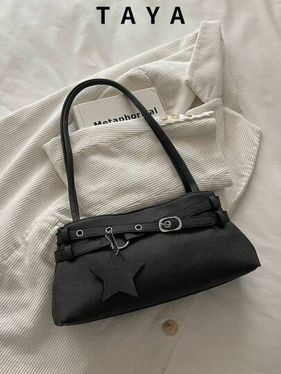 Vintage Y2K Style Women's Underarm Bag, Multi-Buckle Decoration With Star Pendant Charm, Street Style Daily Party Women's Shoulder Wallet