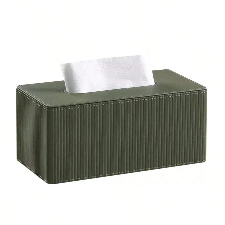 Dark Green Striped Wooden Tissue Box Cover, Available In Rectangular And Square Styles, Suitable For Car, Living Room, Bedroom And Bathroom. No Electricity Required - Multicolor - View 1
