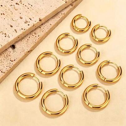 10pcs/Set Minimalist Fashion Stainless Steel Round Hoop Earrings Studs Ear Cuffs Unisex Versatile Personalized Earrings DIY Jewelry Accessories