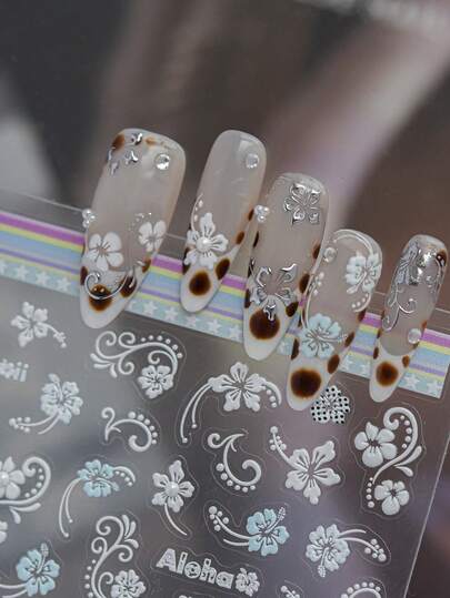 `Self‑Adhesive 5D Crystal Diamond Nail Art Stickers, Blue White Pearl Flower Curly Vine Aloha Hawaii Floral Pattern DIY Manicure Decor Decals`
