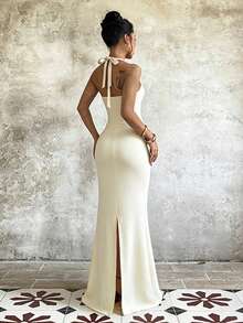 1pc Solid Color Elegant Knitted Fabric Sleeveless Dress Beach Summer - Yellow - View 4