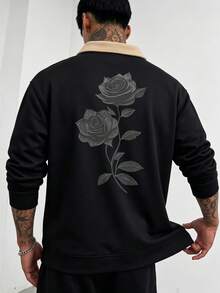 Men's Classic Rose Design Printed Patchwork Loose Drop Shoulder Lapel Sweatshirt, Fashion Essential Outfit Piece - Black - View 1