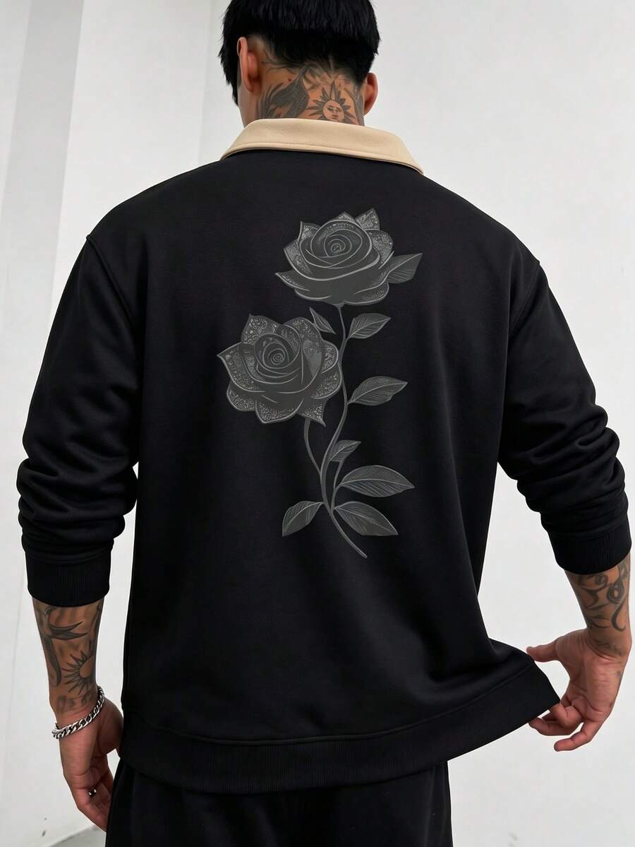 Men's Classic Rose Design Printed Patchwork Loose Drop Shoulder Lapel Sweatshirt, Fashion Essential Outfit Piece - Black - View 1