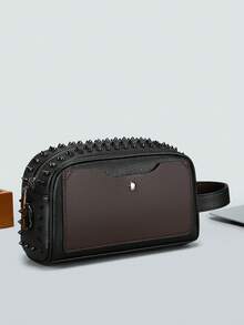 Rivet Men's Clutch Bag, Personalized Contrast Color Design, Multiple Colors Available, Lychee Grain Waterproof Fabric, Large Capacity Layered Interior, Front Snap Coin & Card Slot, Convenient Hand Strap. Street Punk Style, Daily Commute, Travel Storage For Phone, Wallet, Keys, Fashion Versatile Casual Portable Toiletry Clutch - Multicolor - View 13