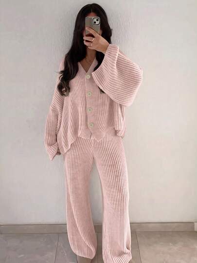 Women's Autumn/Winter Loose Solid Color Knit Sweater Set, Loose Elegant Cardigan, Best Home Wear, Fashionable Minimalist Women's Clothing