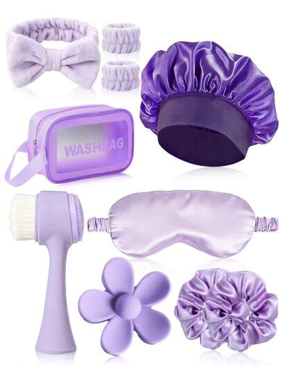 Purple Skincare Accessory Kit, Spa Headband,Wrist Bands,Satin Shower Cap,Wash Bag,Facial Cleansing Brush,Sleep Eye Mask,Flower Hair Clip,Satin Hair Scrunchies,Home Daily Beauty Tool Set