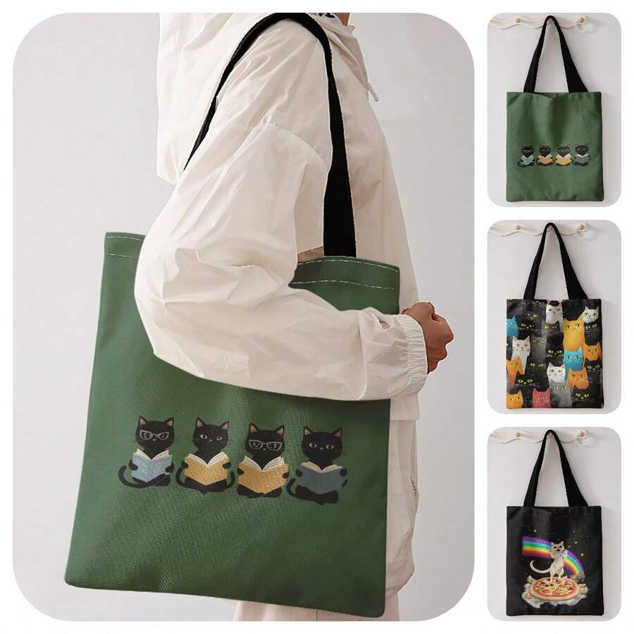 1pc Reading Black Cat Print Shoulder Tote,Large Capacity For Books,Groceries & Daily Beach Travel School Use.For Students, Great Daily Bag Or Gift - Multicolor - View 1