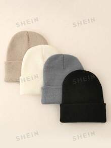 4 Pcs/Pack Solid Color Ski Hat Simple Knitted Hat Unisex Suitable For Daily Casual Wear - Multicolor - View 12