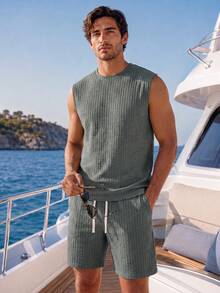 2pcs/Set Men's Brown Waffle Knit Sleeveless Tank Top And Shorts Set, Breathable Textured Casual Men's Outfit, Vacation Style, Machine Washable, Suitable For Hawaii Summer Holiday, Versatile Sleeveless Set, Loose Fit, If You Don't Like Loose Fit, Please Order One Size Smaller - Dark Grey - View 6