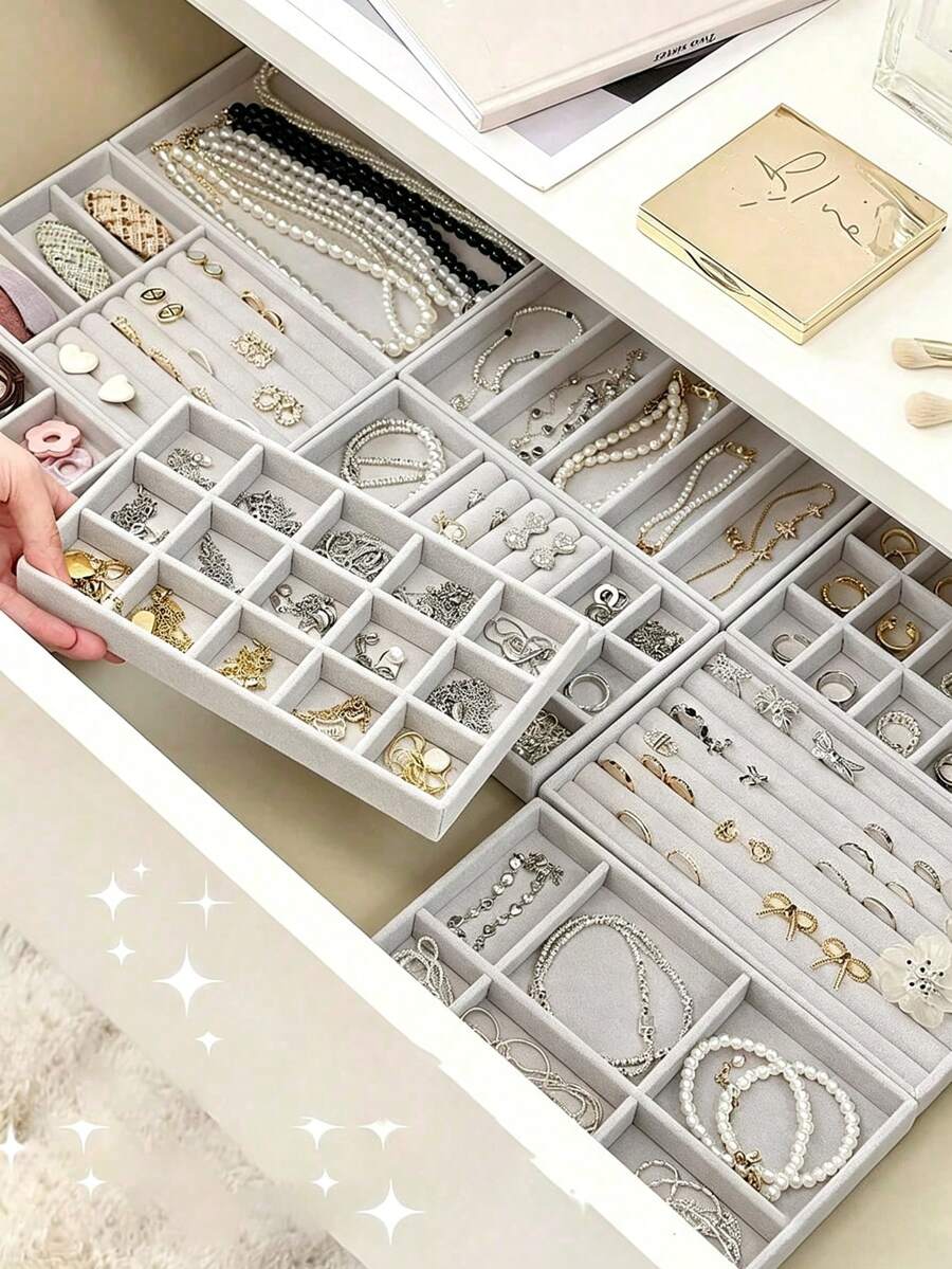 6/1pc Wooden Velvet Jewelry Tray, Jewelry Storage Display Tray, Drawer-Style Earring Storage Box, Stackable Jewelry Storage Tray, Multi-Functional Jewelry Display Tray, Portable Multi-Purpose Storage Box, Office Desk Drawer Storage Box - Multicolor - View 1
