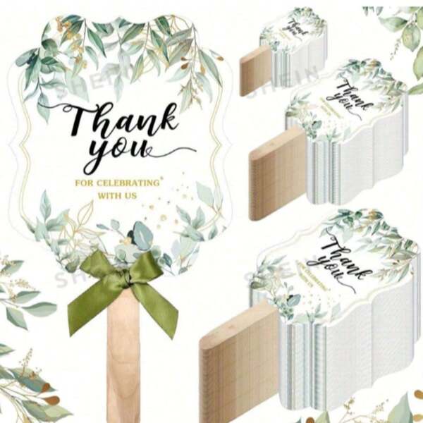 40/30/20/10pcs Elegant Wedding Fan Set, With Wooden Handle And Green Ribbon, Bridal Party Favors, Modern Floral Design, Wedding Supplies, Suitable For Bridal Shower