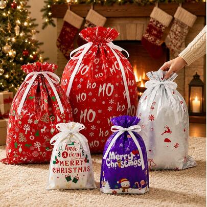 Christmas Gift Bags, Large Santa Claus Gift Packaging Bags, Holiday Gift Bags With Ribbon, Multiple Sizes Christmas Print, Suitable For Candy, Toys, Party Favors, Christmas Gift Wrapping