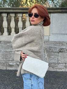 Women's Loose Casual Turtleneck Knit Sweater, Long Sleeve Regular Fit, Suitable For Autumn/Winter, Slightly Elastic Warm Knit Top - Khaki - View 3