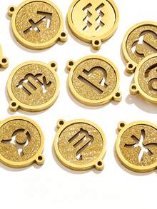 1/5pcs Zodiac Connector Pendant, 18K Gold Plated 304 Stainless Steel Double Hole Zodiac Pendant, Non-Fading DIY Jewelry Accessories - Zodiac Connector Ring - View 4