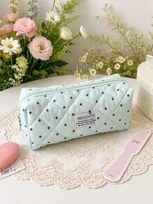 1pc Cute Polka‑Dot Quilted Makeup Pouch Soft Fabric Zipper Pen Case Portable Multi‑Purpose Storage Bag For Daily Use Cosmetics & Brushes Organization - Multicolor - View 7