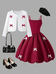 Young Girls 2 Pieces Set, New Autumn/Winter Vintage Spaghetti Strap Patchwork Bow Decor Puff Dress Princess Dress, Red Bow Ribbed Fuzzy Knit Cardigan, Fashionable Children's Outfit Suitable For Outdoor Wear - Burgundy - View 4