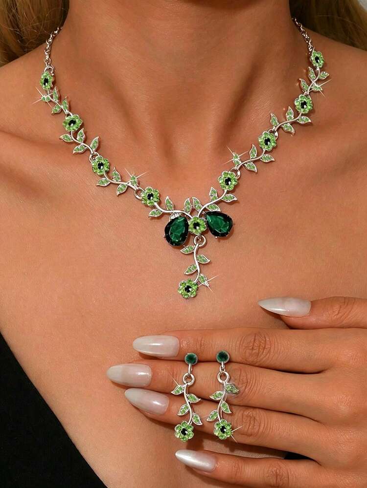 1 Set Perhiasan Kalung & Anting Kristal Berlian Imitasi Bunga Matahari, Aksesoris Pesta Pernikahan Wanita - Hijau-Perak - View 3