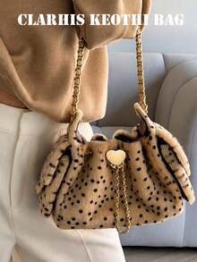 Shoulder Bag With Personalized Polka Dot Pattern, Heart Hardware Accent, Soft Plush Material, Practical Storage With Drawstring Closure, Versatile Chain Bag For Daily Shopping, Travel, Commute, Atmosphere Crossbody Bag - Beige - View 6