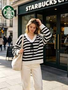 New Style Striped And Multicolored Lace V-Neck Long-Sleeved Plus Size Women's Knitted Sweater For Autumn And Winter - Multicolor - View 7