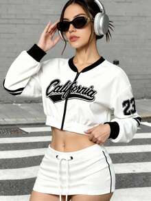 Women's Black & White Printed Sports Baseball Jacket, Short Waist Design Suitable For Sports And Daily Outings - Black and White - View 5